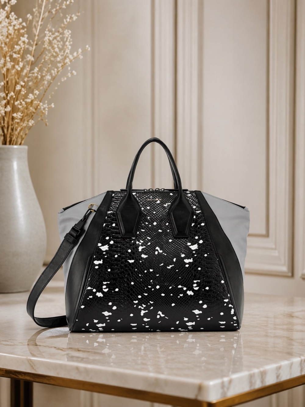 POUR LA VICTOIRE Black Speckled Gray Leather Large Satchel Handbag NWOT